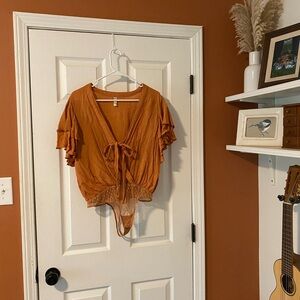 Free People Orange Tie-Front Ruffle Bodysuit